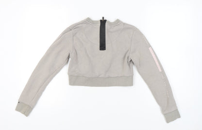 Close-up detail of Sonneti girls’ grey logo pullover sweatshirt 12-13y crew neck long sleeve