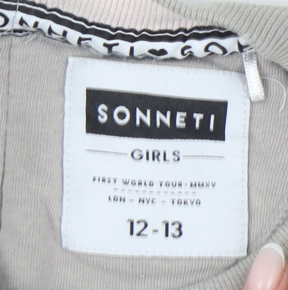 Brand and care label for Sonneti girls’ grey logo pullover sweatshirt 12-13y crew neck long sleeve