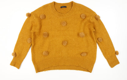 Zara Women Yellow Pom Pom Knit Jumper Pullover S Wool Blend