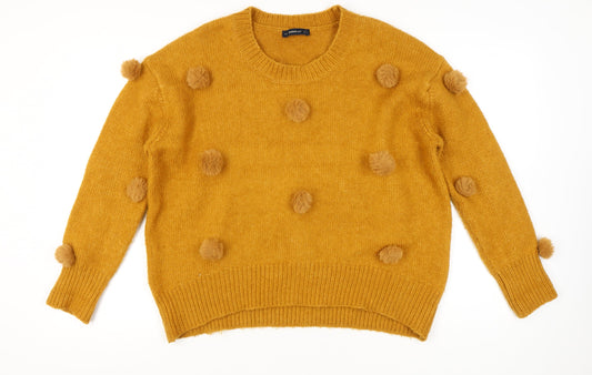 Zara Women Yellow Pom Pom Knit Jumper Pullover S Wool Blend