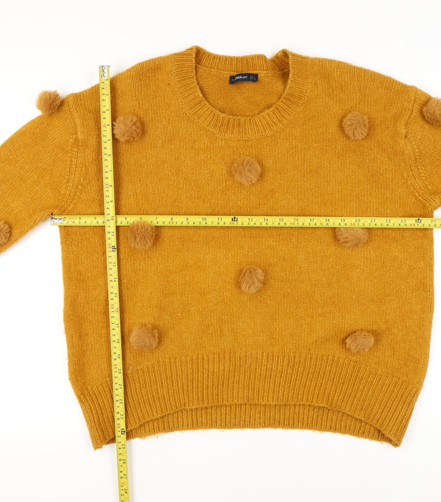 Zara Women Yellow Pom Pom Knit Jumper Pullover S Wool Blend