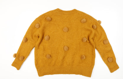 Zara Women Yellow Pom Pom Knit Jumper Pullover S Wool Blend