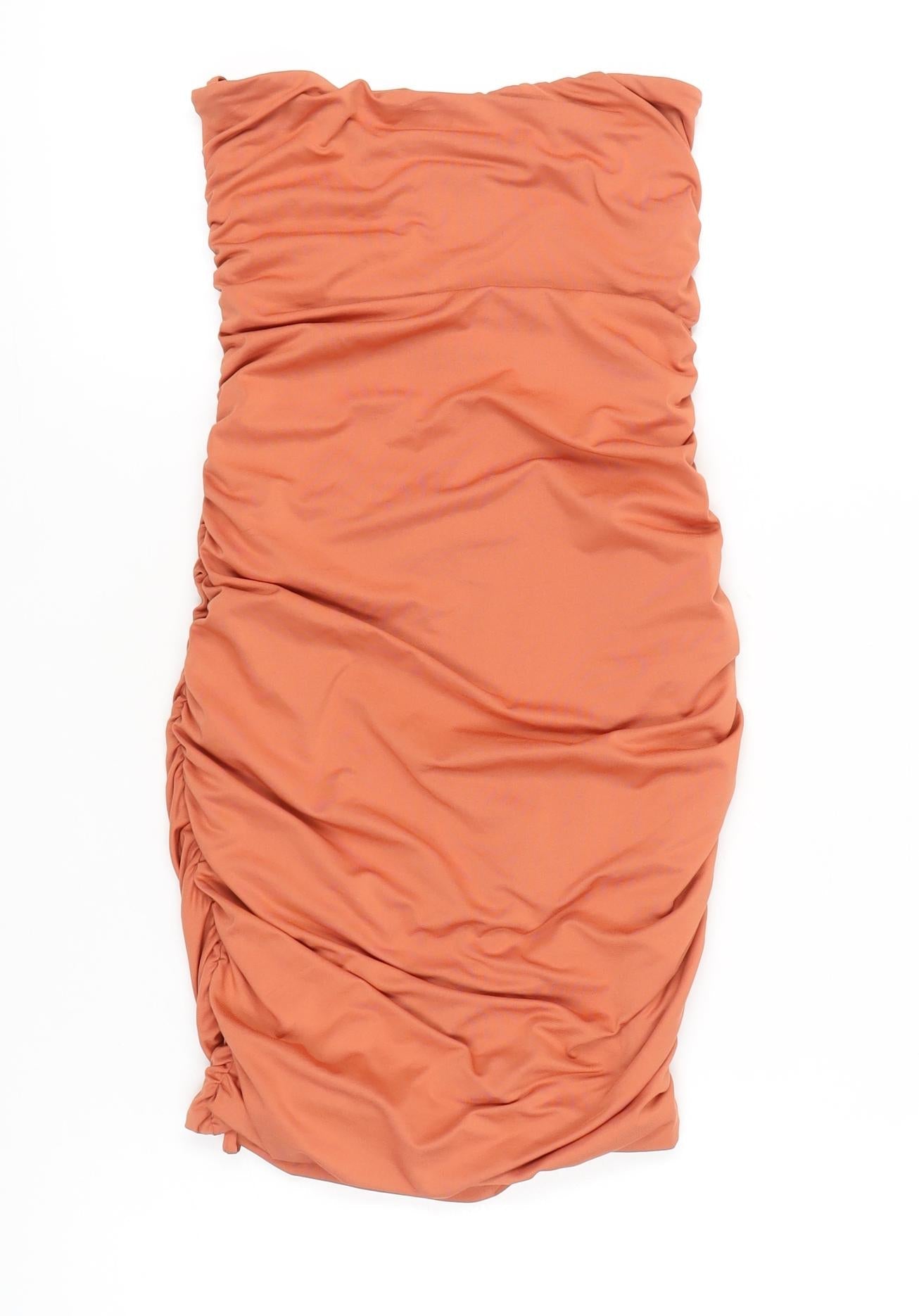 Oh Polly Women’s Orange Strapless Ruched Bodycon Mini Dress Size 8