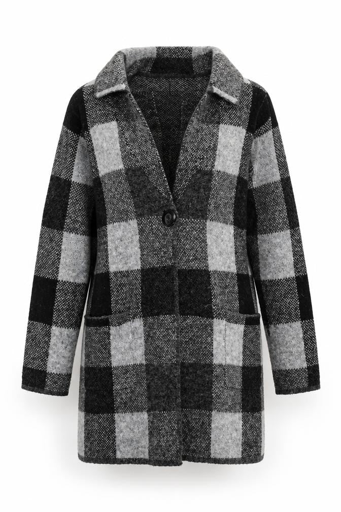 Adrienne Vittadini Women Grey Check Cardigan M Wool Blend Long Sleeve