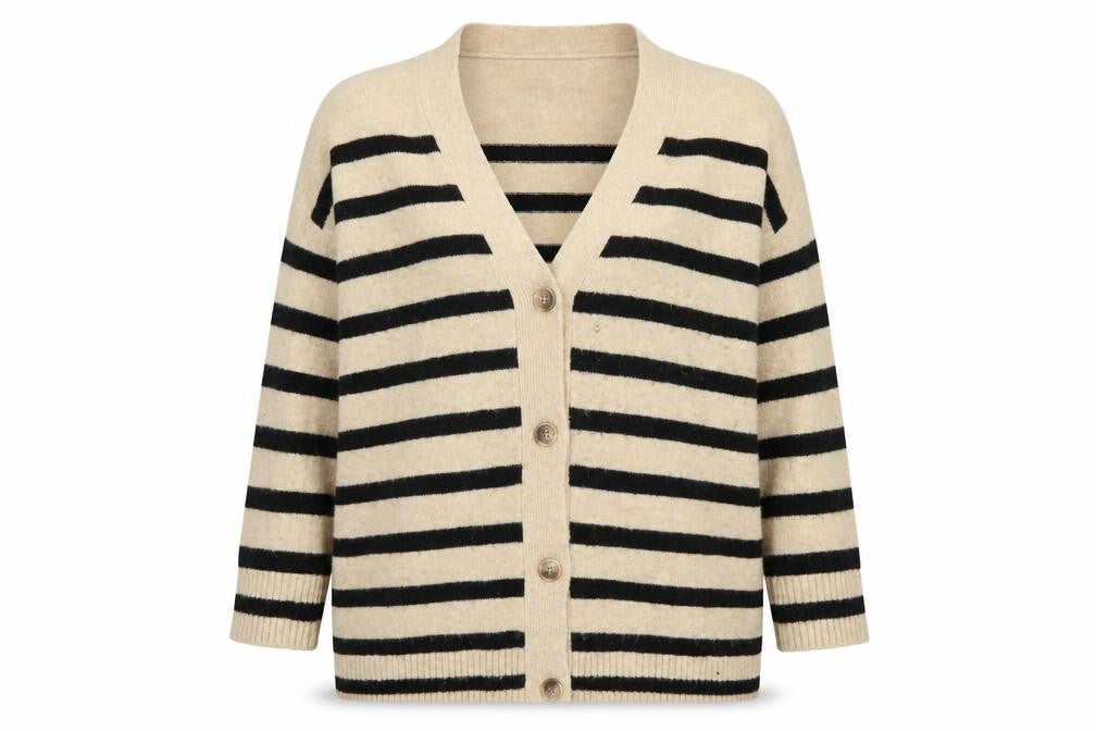 Mango Womens Beige Black Striped V-Neck Button Cardigan Size M