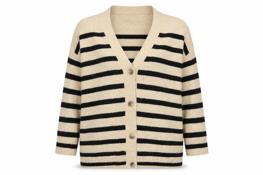 Mango Womens Beige Black Striped V-Neck Button Cardigan Size M