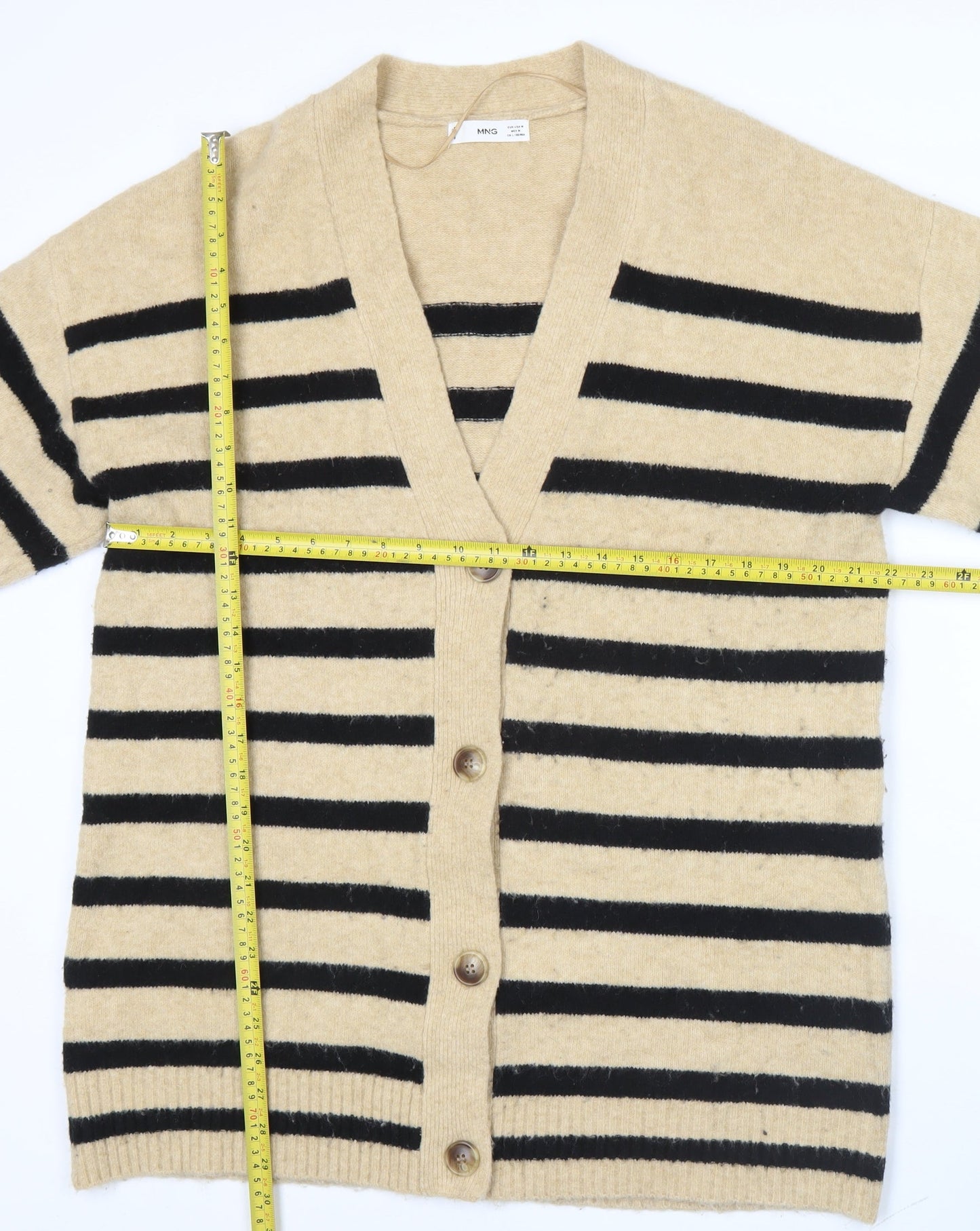 MNG Womens Beige Black Striped V-Neck Button Cardigan Size M