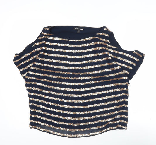 Warehouse Women’s Blue Sequin Striped Cold Shoulder Blouse UK 10