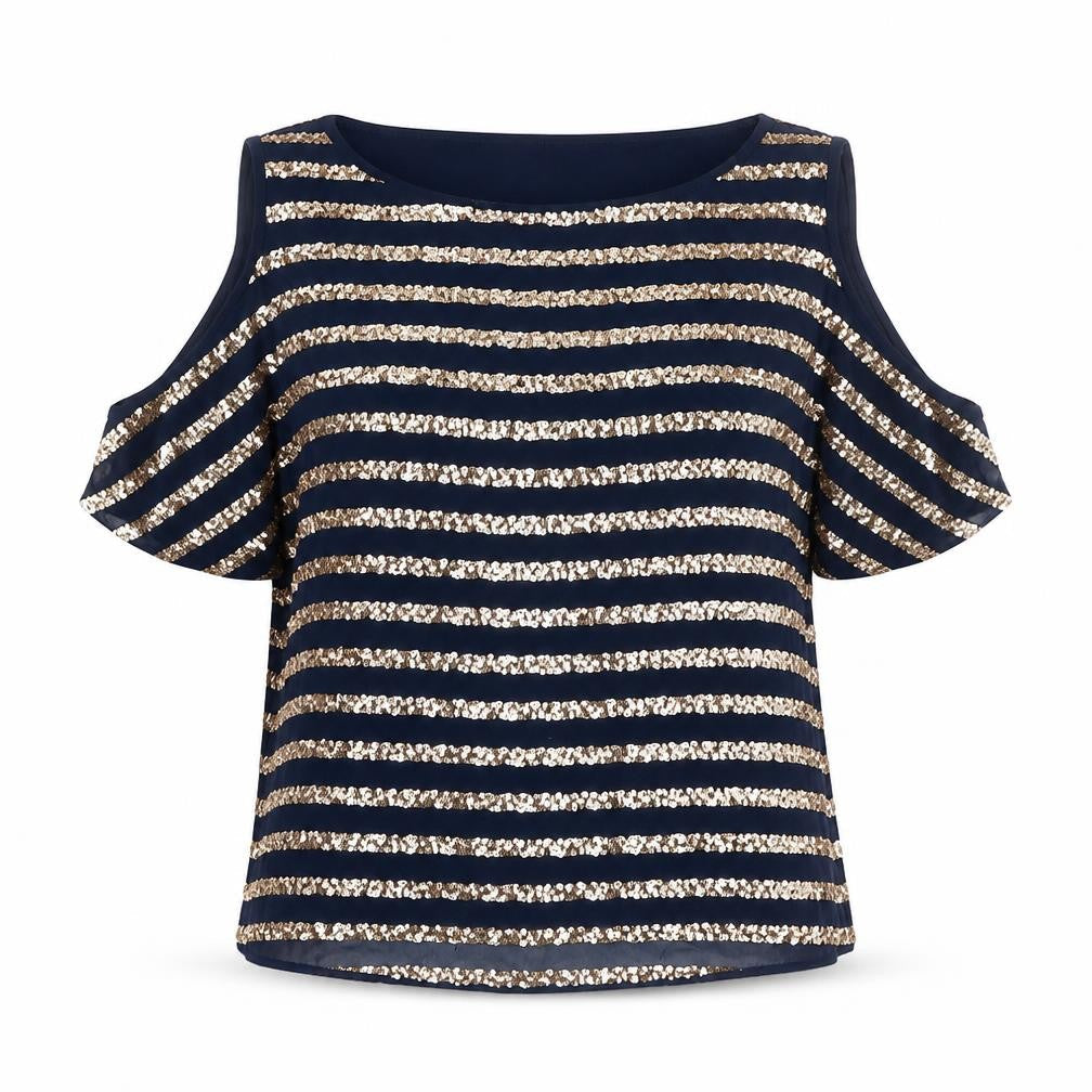 Warehouse Women’s Blue Sequin Striped Cold Shoulder Blouse UK 10
