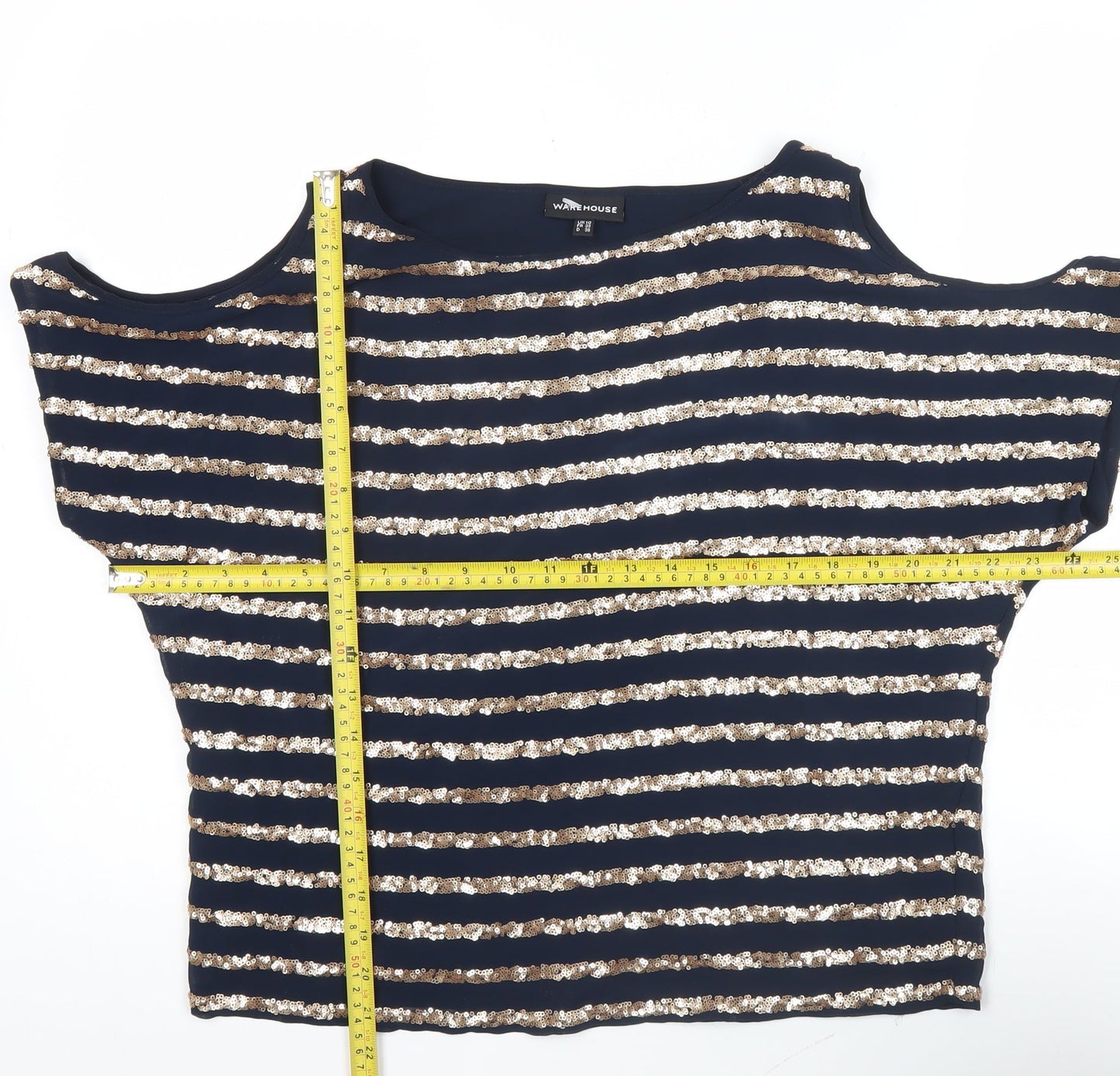 Warehouse Women’s Blue Sequin Striped Cold Shoulder Blouse UK 10