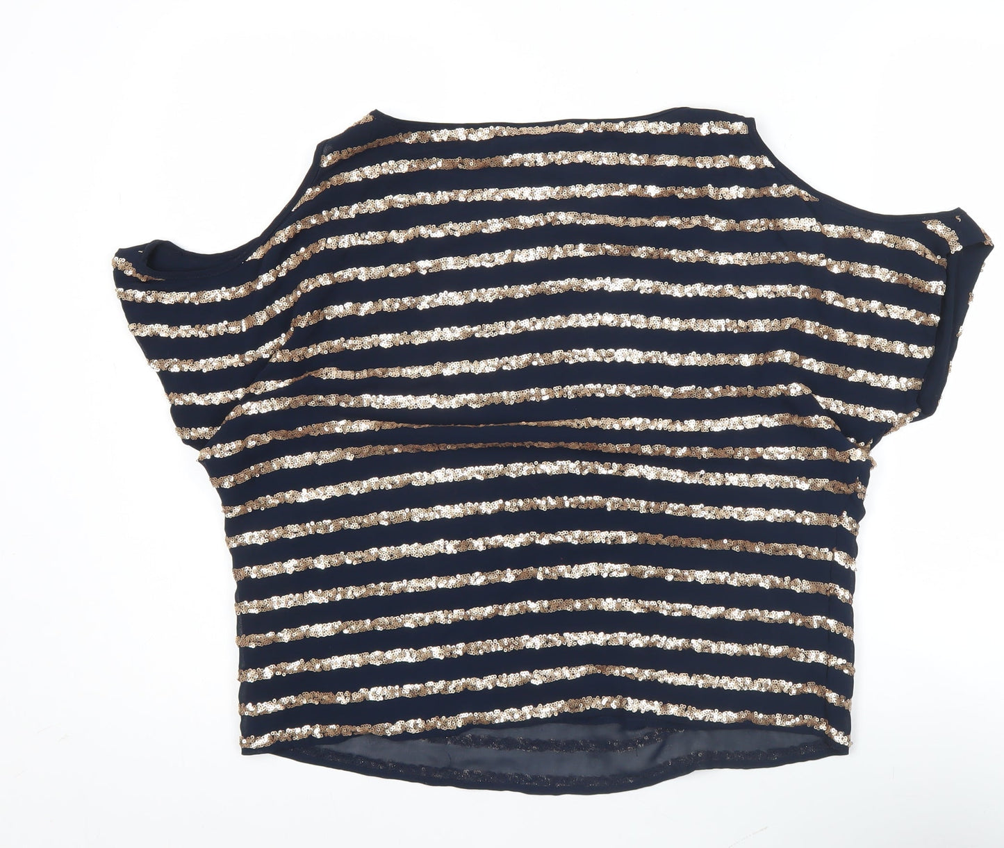 Warehouse Women’s Blue Sequin Striped Cold Shoulder Blouse UK 10