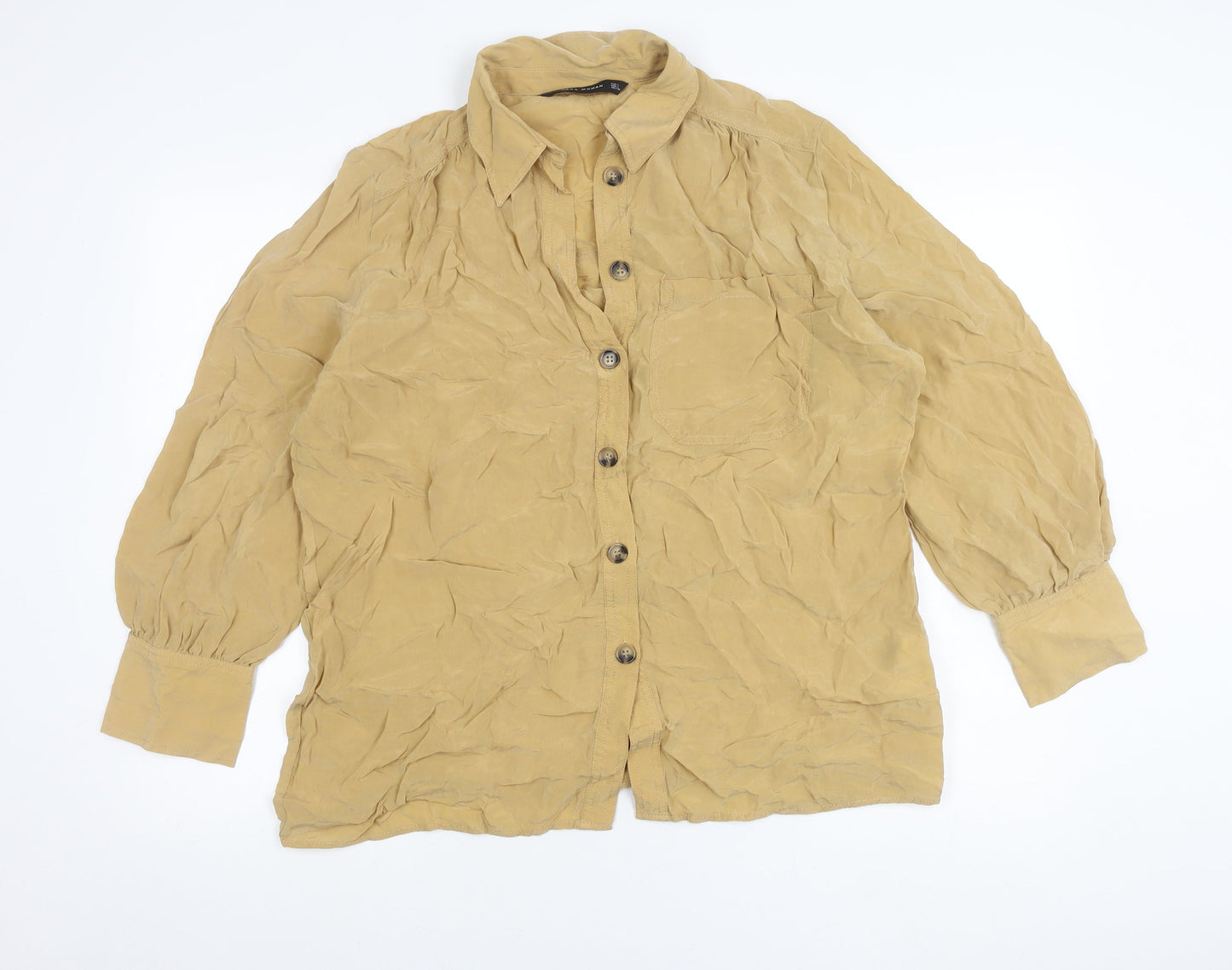 Zara Woman Beige Cupro Button-Up Shirt Womens L Long Sleeve