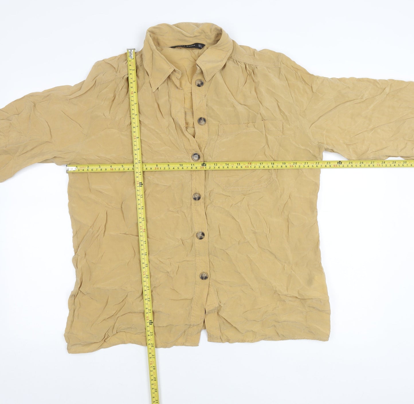 Zara Woman Beige Cupro Button-Up Shirt Womens L Long Sleeve