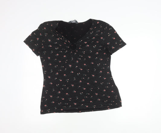 Dorothy Perkins Women’s Black Floral V-Neck Short Sleeve T-Shirt Size 14