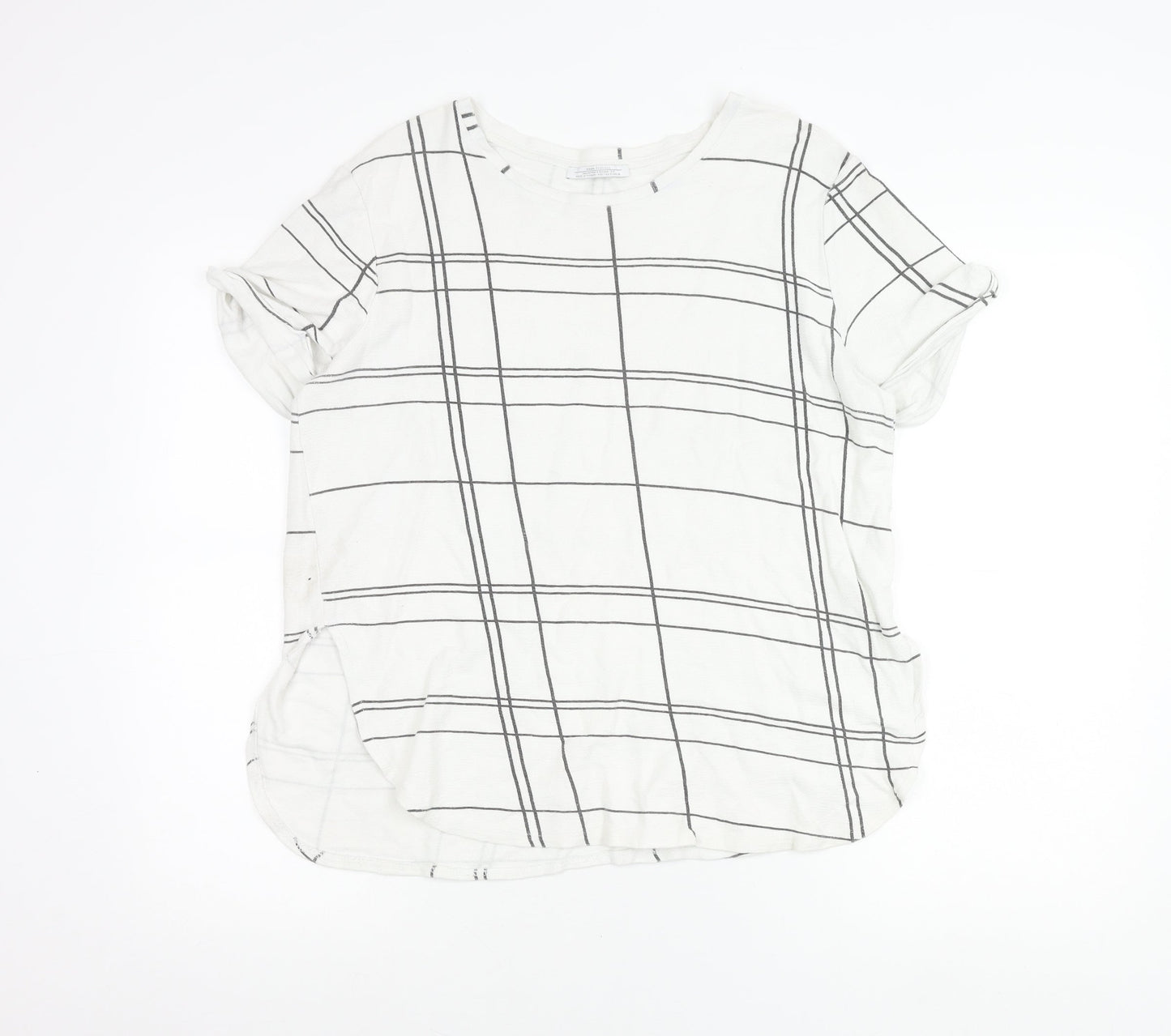Zara Women White Check T-Shirt Size 12 Short Sleeve Cotton