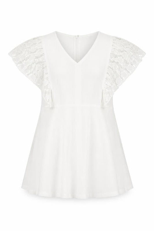 Front view of French Connection Women White Cotton A-Line Dress M Short Sleeve V-Neck