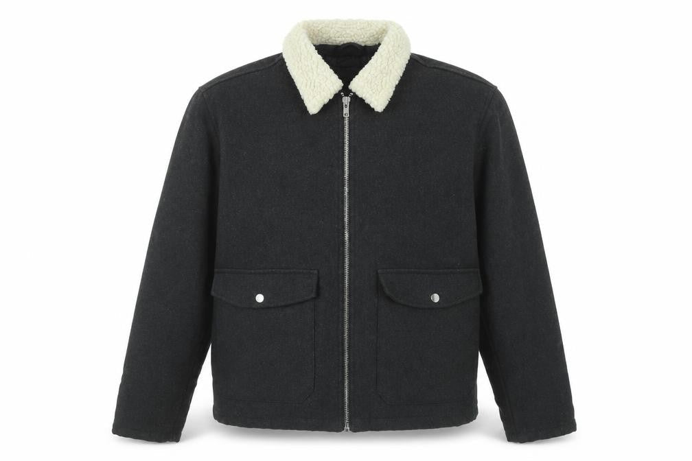 New Look Men Black L Bomber Jacket Wool Blend Faux Shearling Collar
