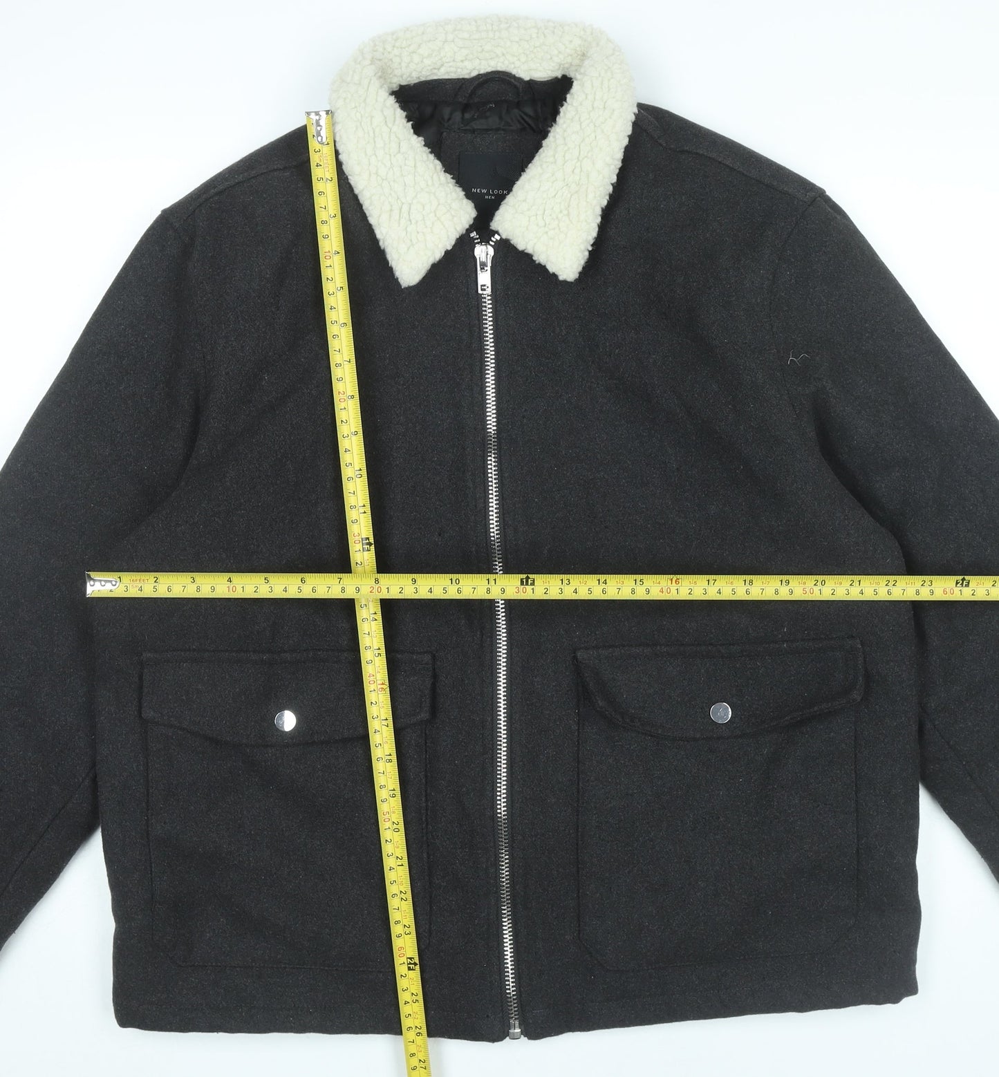 New Look Men Black L Bomber Jacket Wool Blend Faux Shearling Collar