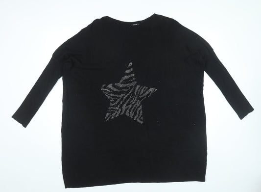 Roman Womens Black XL Star Rhinestone Relaxed Pullover Jumper