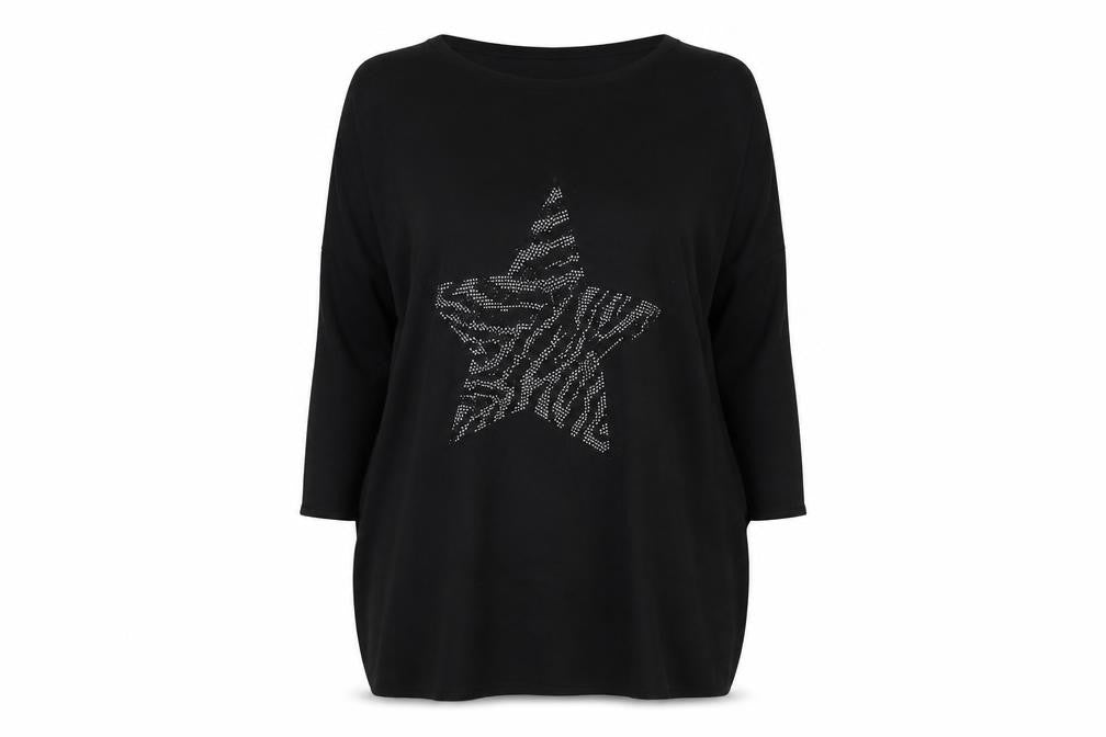 Roman Womens Black XL Star Rhinestone Relaxed Pullover Jumper