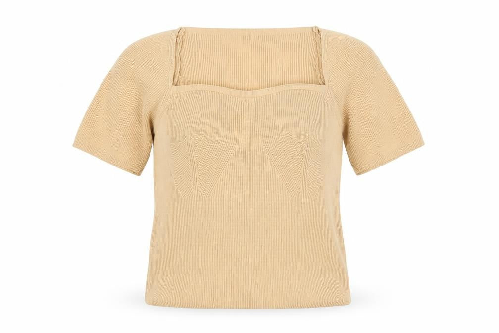 Fullamoda Women’s Beige Knit Square Neck Blouse M Short Sleeve