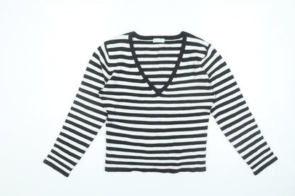 Liquid Women’s Black White Striped V-Neck Pullover Jumper L