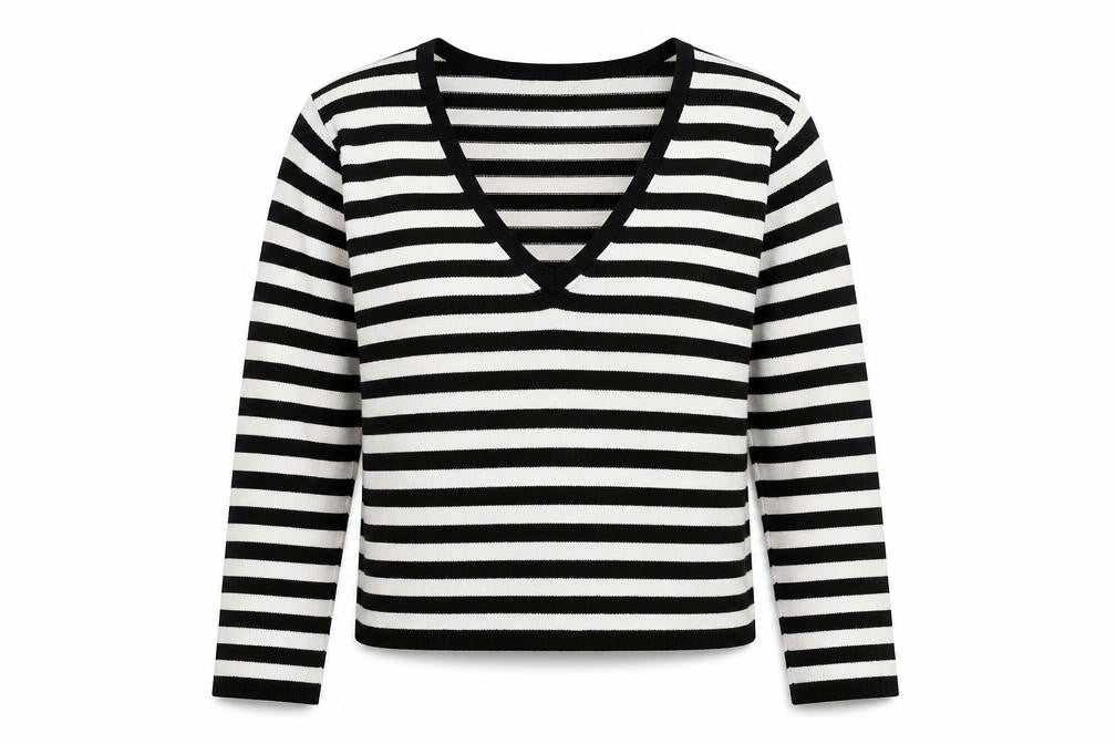 Liquid Women’s Black White Striped V-Neck Pullover Jumper L
