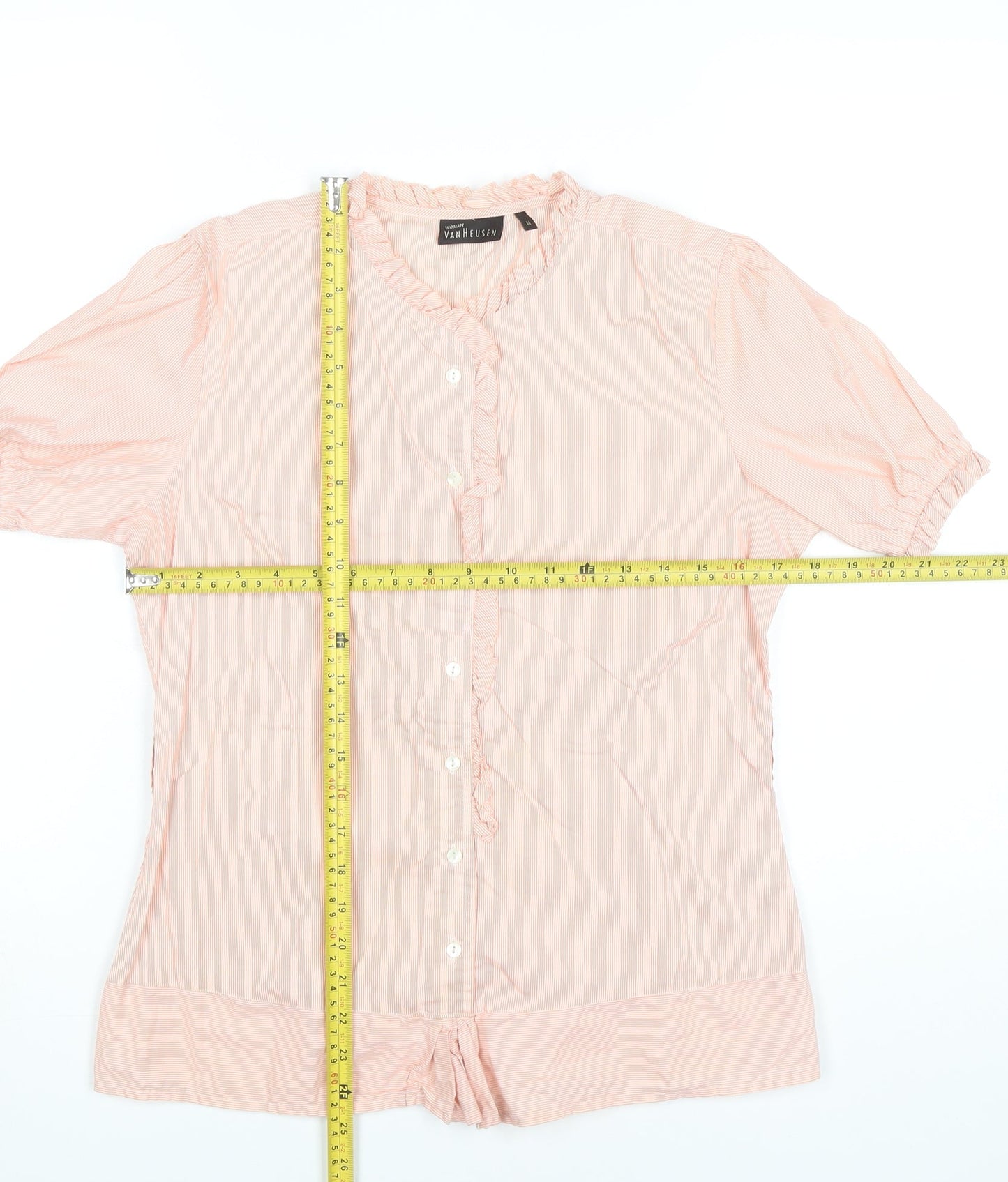 Van Heusen Women Pink Striped Cotton Blouse M Short Sleeve