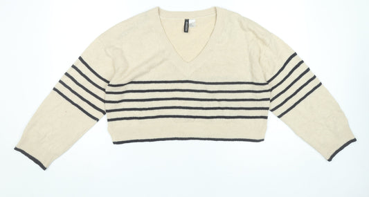H&M Women’s Beige Striped V-Neck Pullover Jumper Size 12