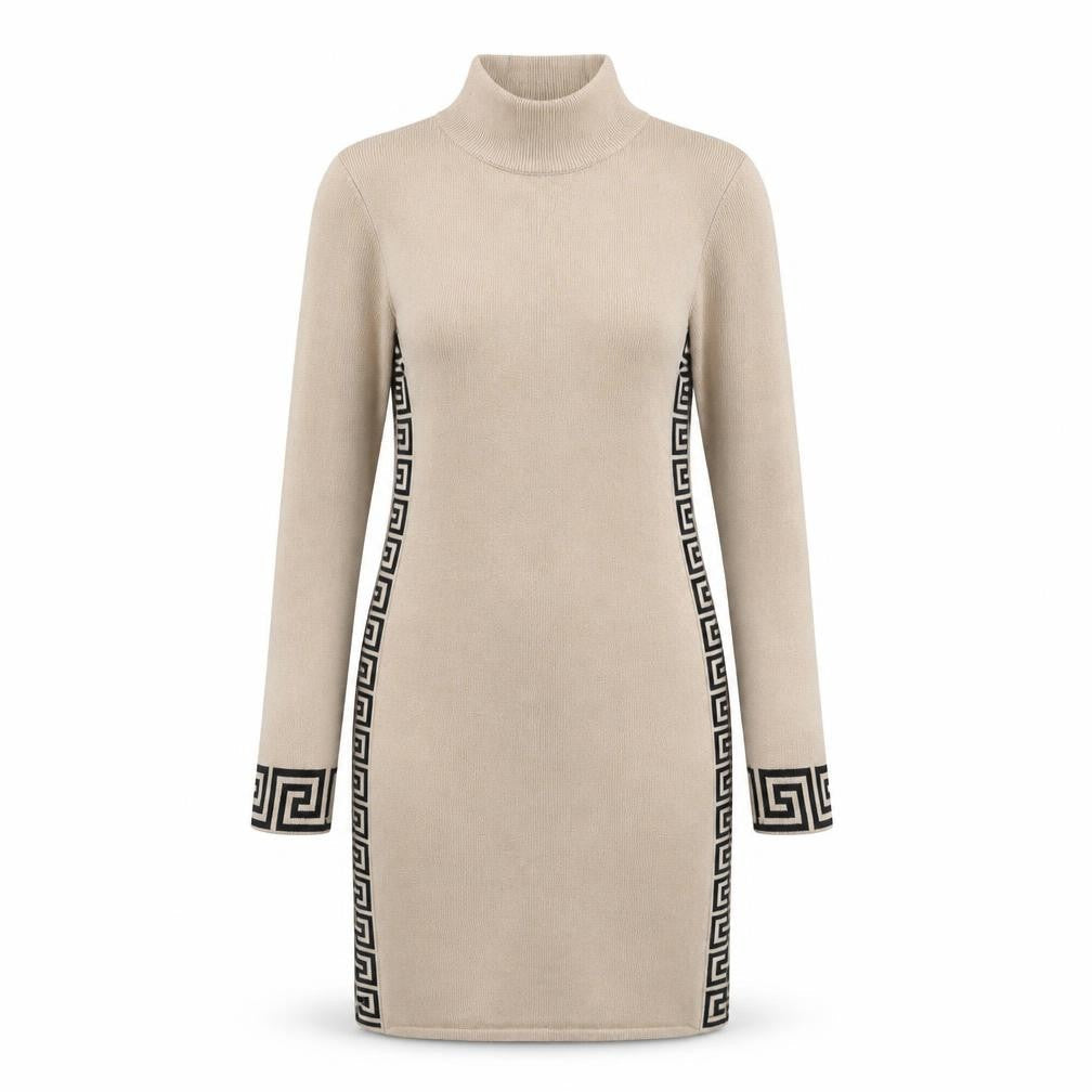 Esther.H Women Beige Bodycon Knit Dress Roll Neck One Size