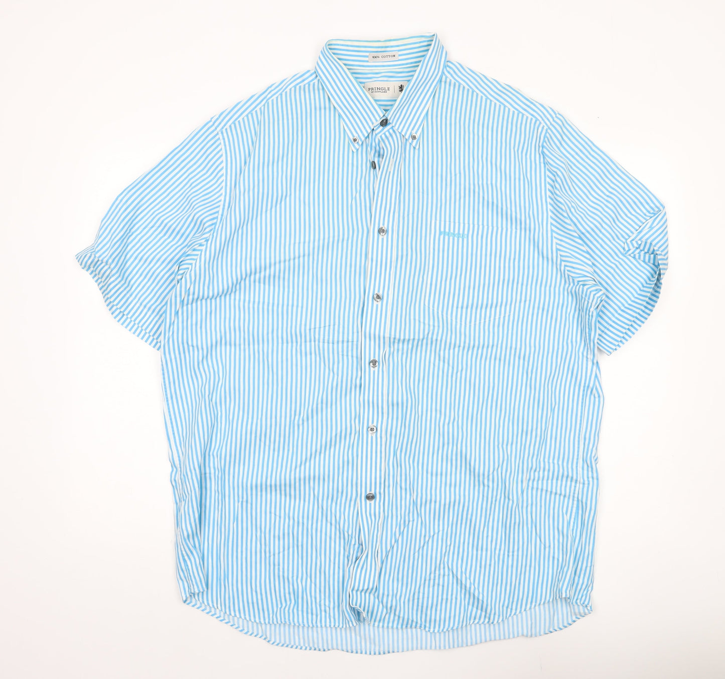Pringle of Scotland Men's Blue Striped Cotton Short Sleeve Button-Up Shirt XL