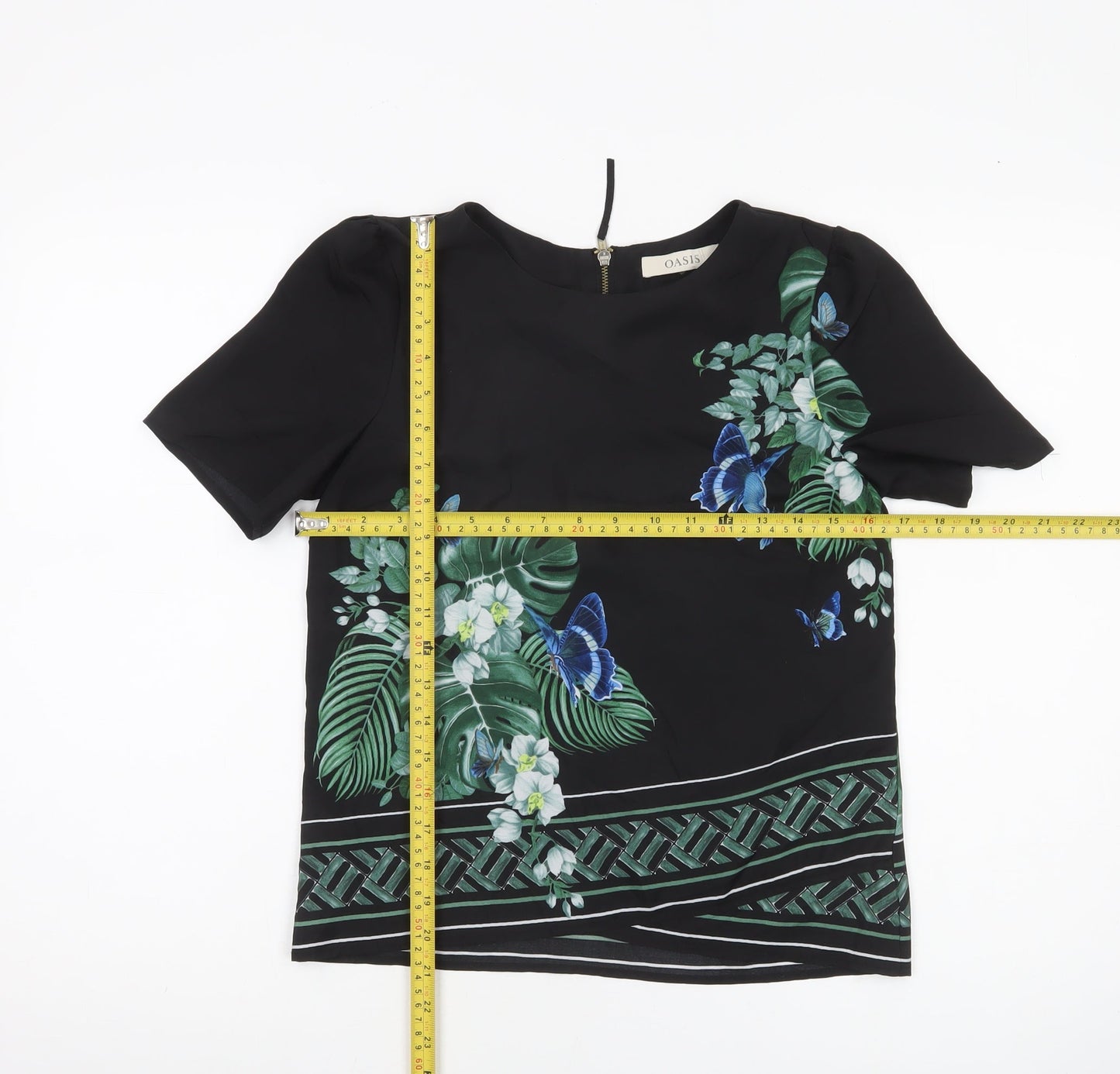 Oasis Womens Black Floral Butterfly Blouse Size 6 Short Sleeve