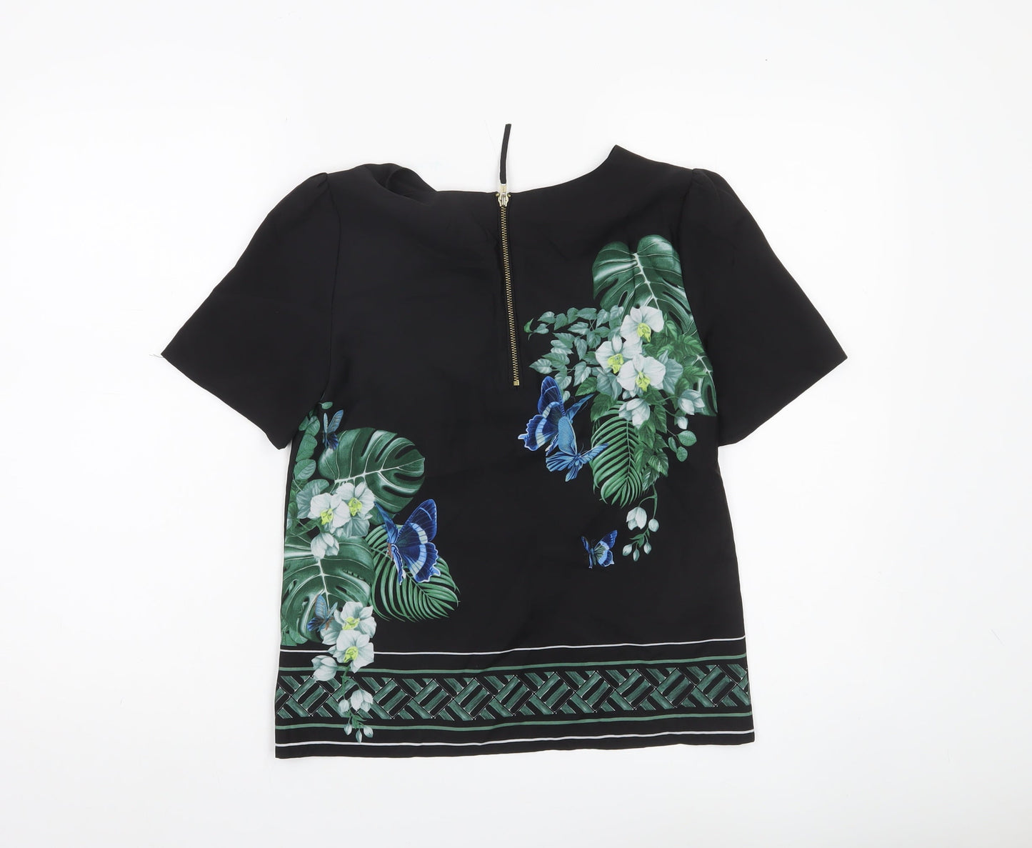 Oasis Womens Black Floral Butterfly Blouse Size 6 Short Sleeve