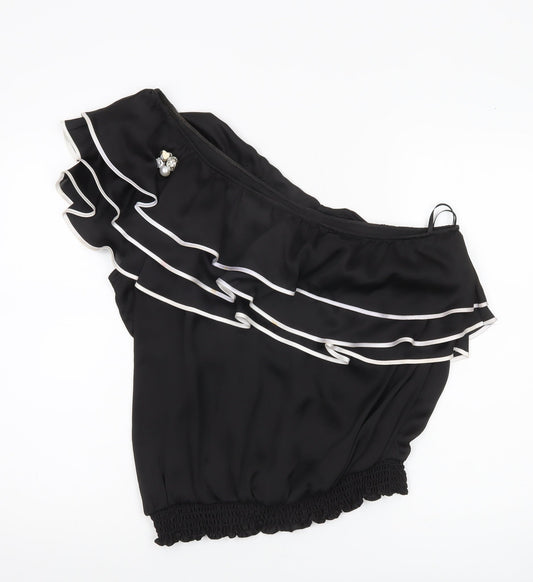 Red Herring Womens Black One Shoulder Ruffle Blouse Size 18