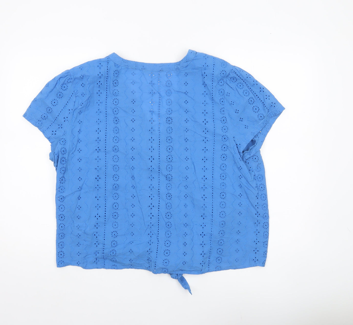 Roman Women Blue Cotton Cropped Blouse Size 18 V-Neck Short Sleeve