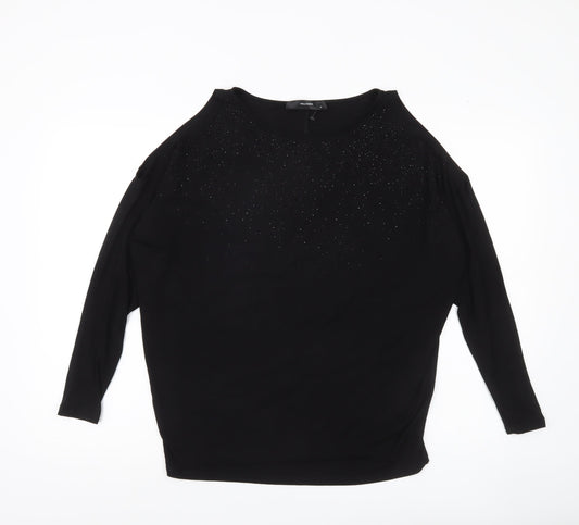 Hallhuber Women Black M Rhinestone Blouse 3/4 Sleeve Boat Neck