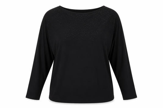 Hallhuber Women Black M Rhinestone Blouse 3/4 Sleeve Boat Neck