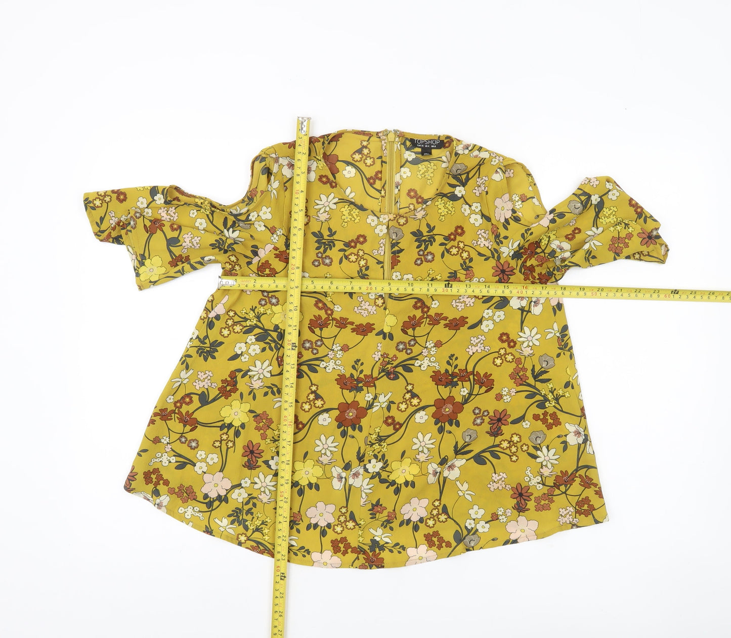 Topshop Women’s Yellow Floral Cold Shoulder Tunic Blouse Size 8