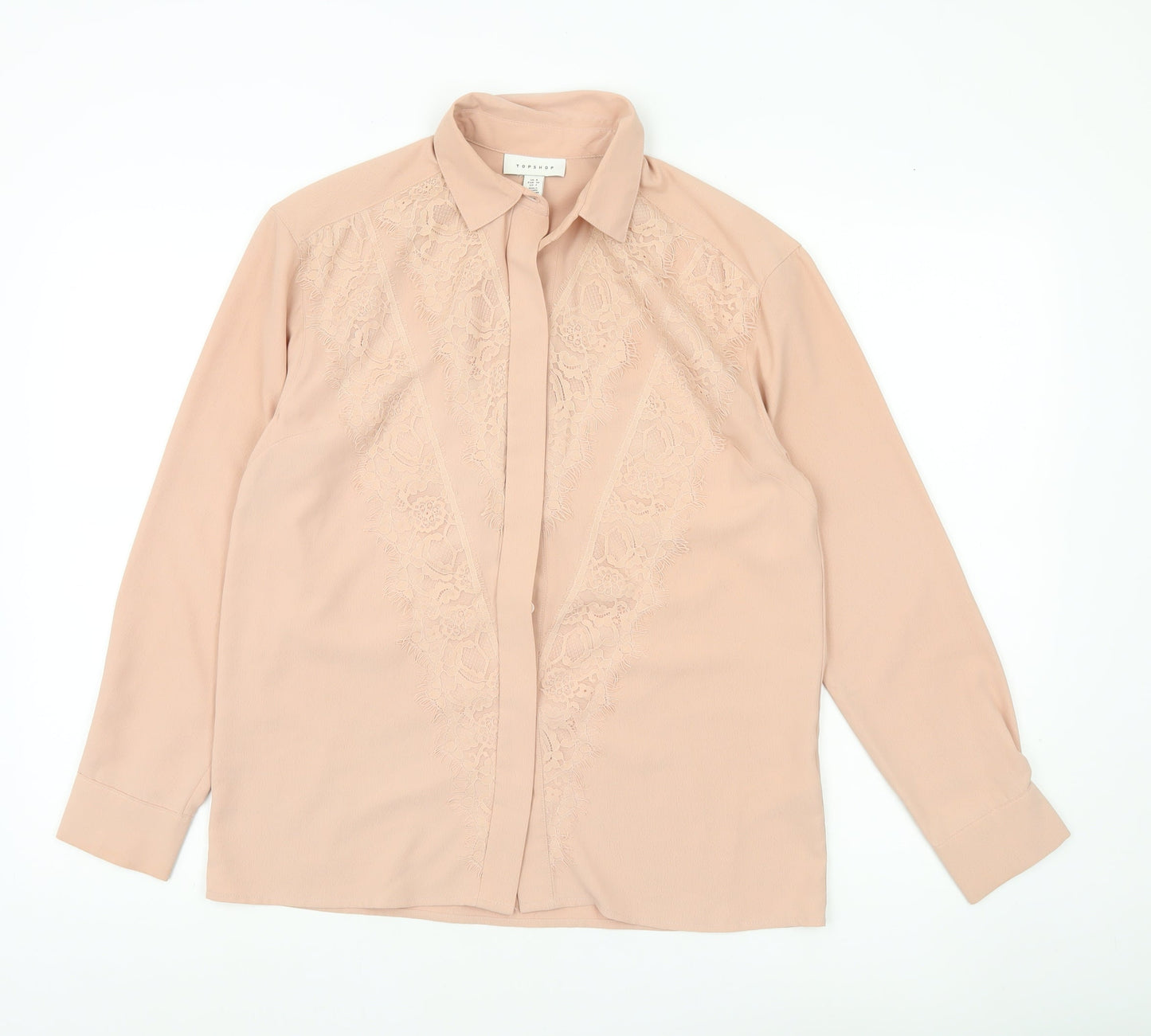 Topshop Women Beige Lace Blouse UK 8 Long Sleeve Collared