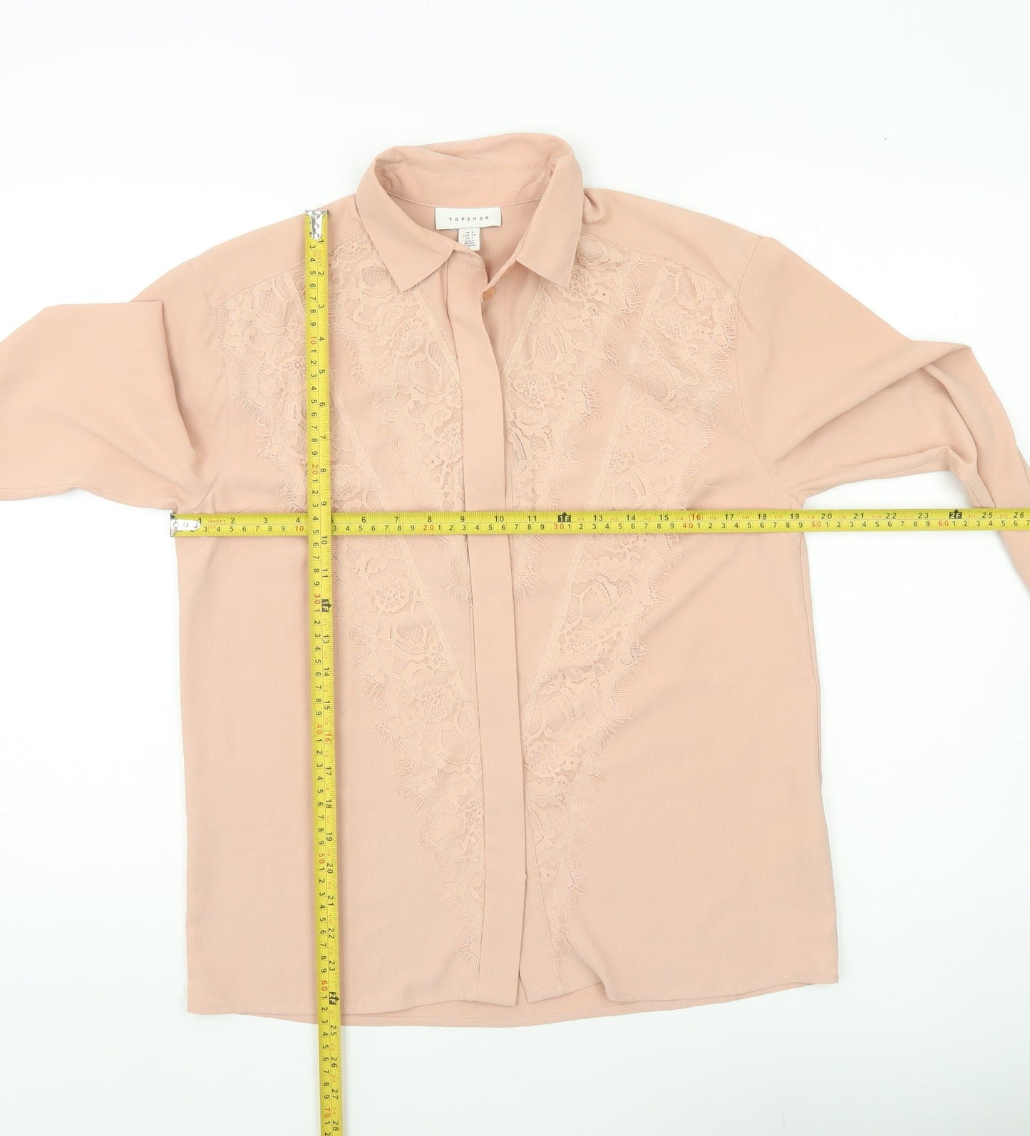Topshop Women Beige Lace Blouse UK 8 Long Sleeve Collared