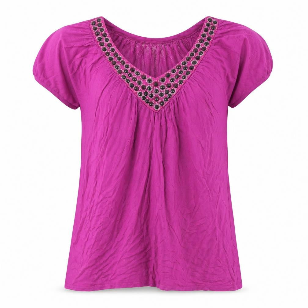 Fylo Womens Purple Beaded V-Neck Tunic Blouse Size L Short Sleeve
