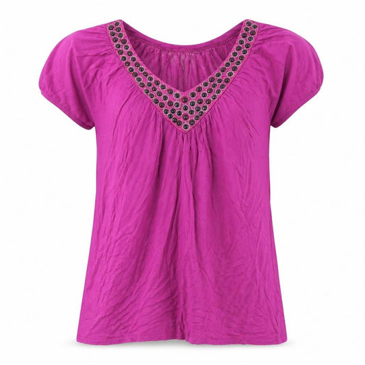 Fylo Womens Purple Beaded V-Neck Tunic Blouse Size L Short Sleeve