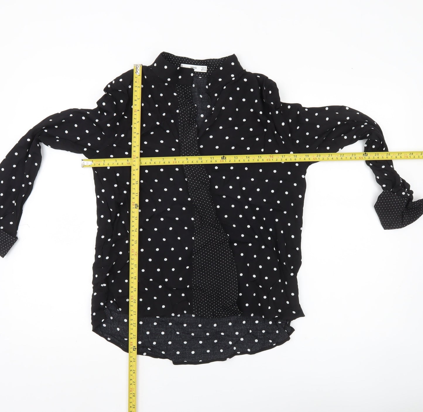 MNG Women’s Black Polka Dot Button-Up Shirt XS Long Sleeve Viscose