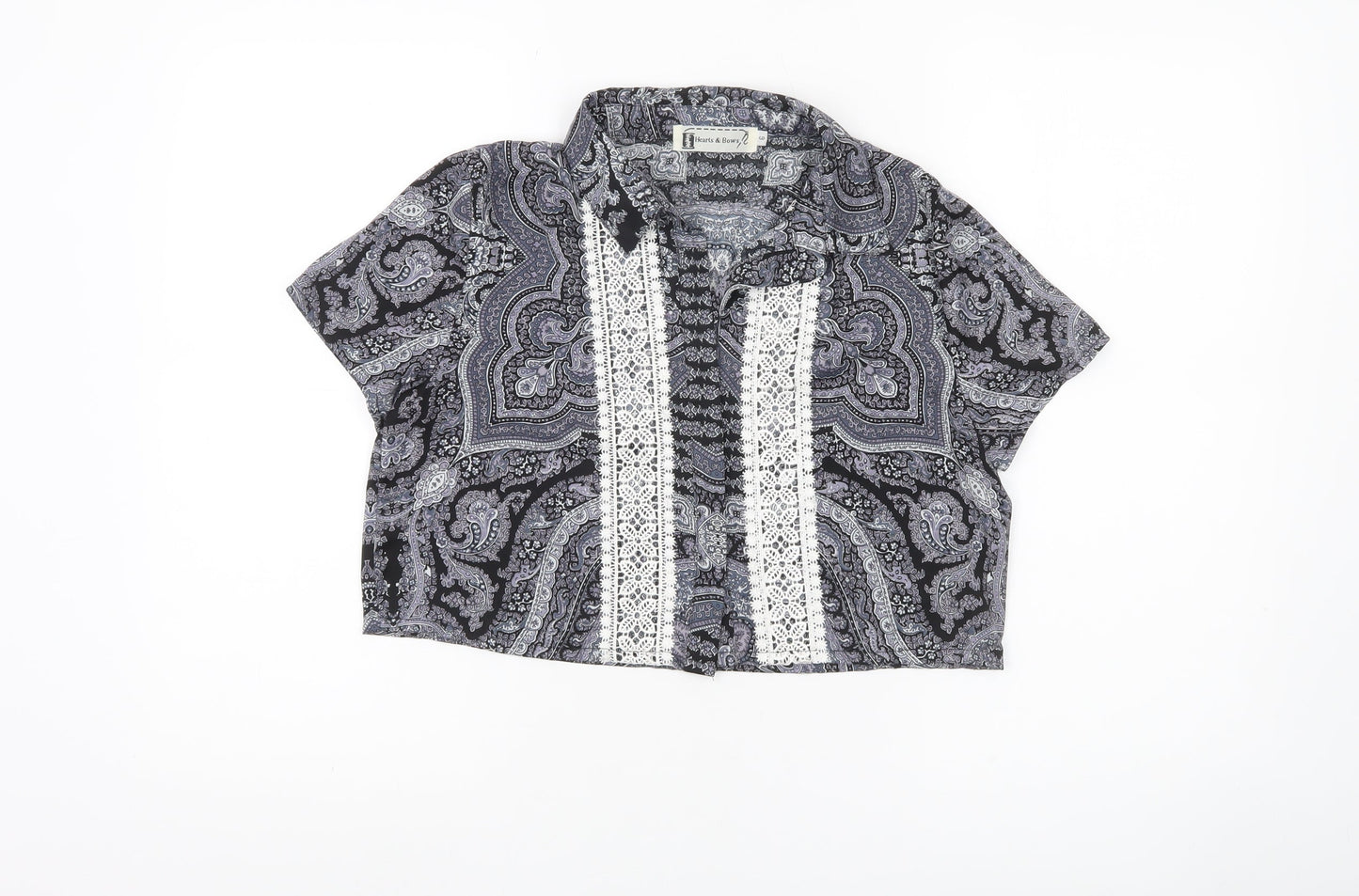 Hearts & Bows Womens Black Paisley Crochet Blouse M Cropped Short Sleeve