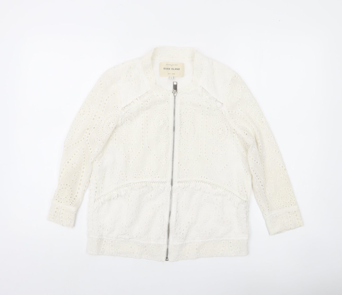River Island Women White Lace Tunic Top Size 6 Zip Detail