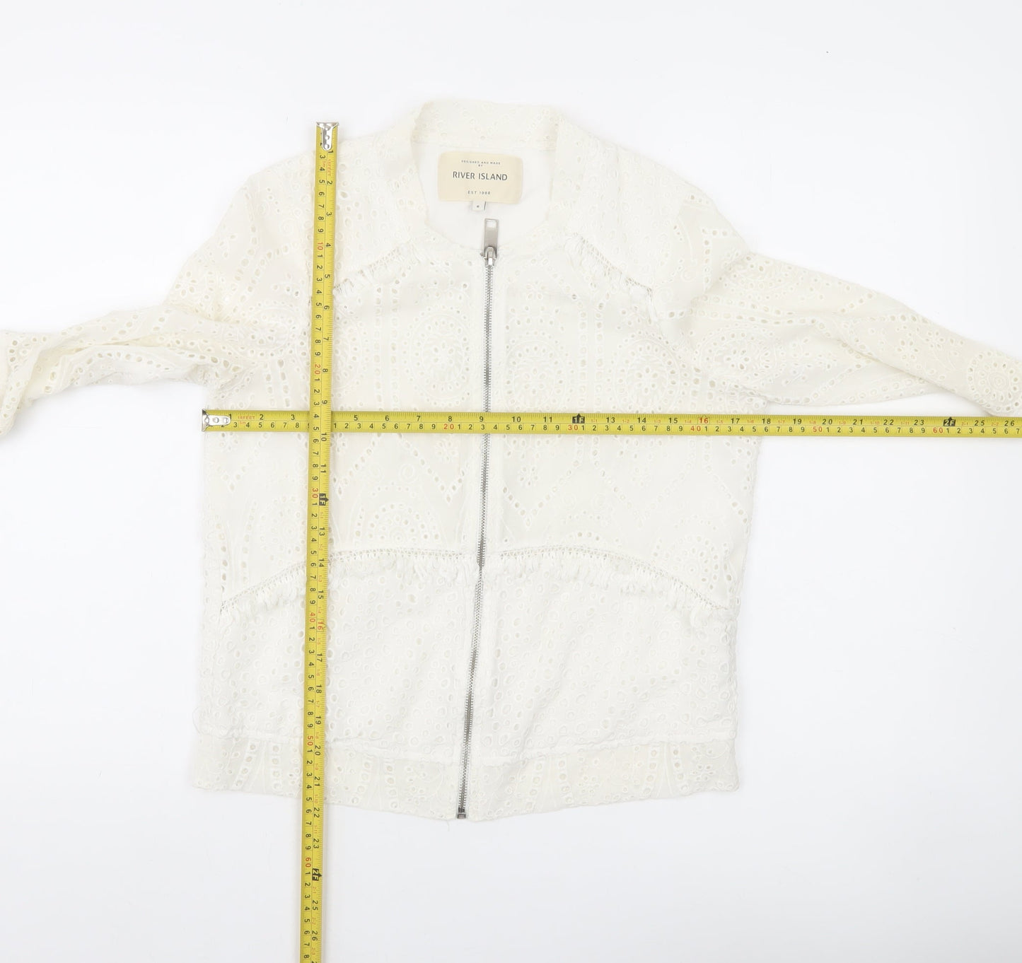 River Island Women White Lace Tunic Top Size 6 Zip Detail