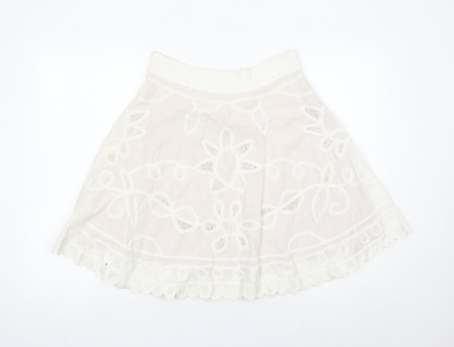 Reiss Women’s Ivory A-Line Embroidered Cotton Skirt Size 8