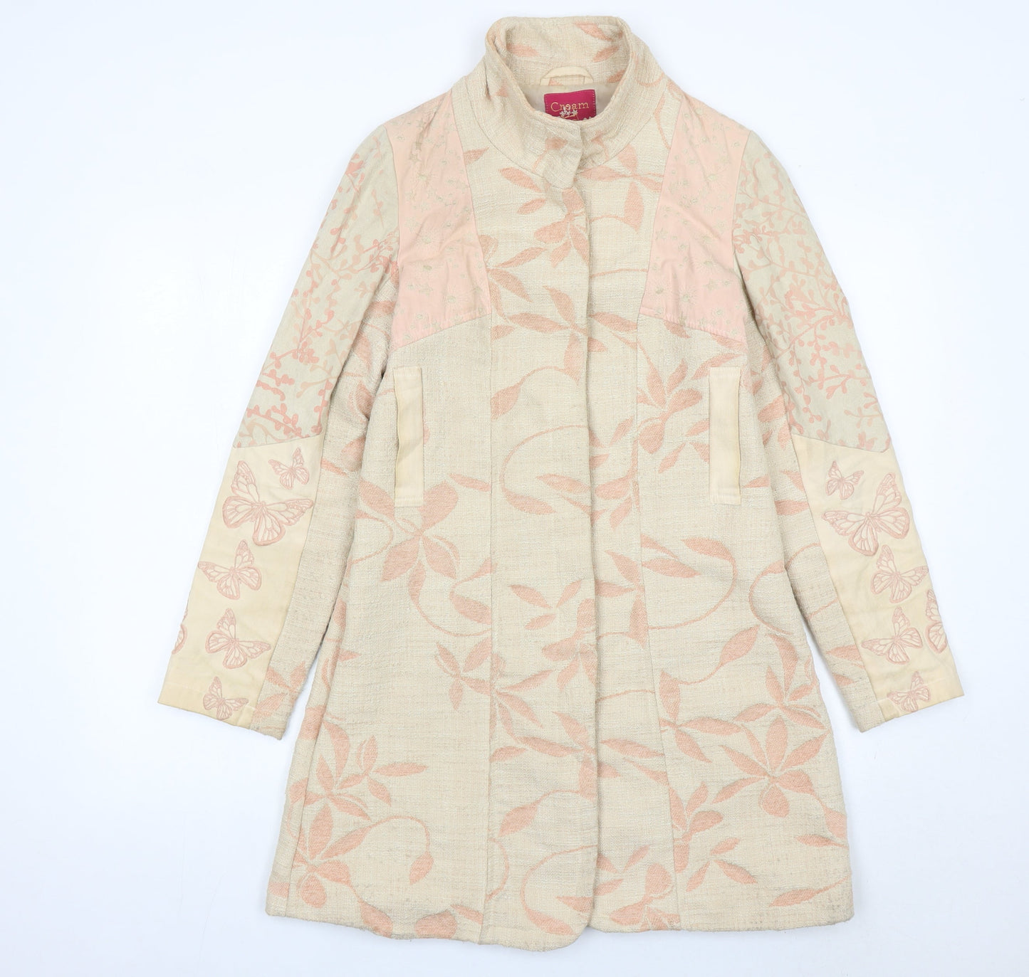 Cream Womens Beige Butterfly Floral Coat Size 6 Long Sleeve Overcoat