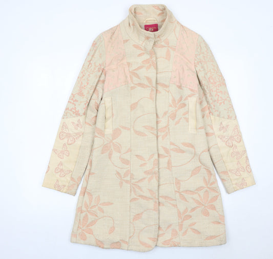 Cream Womens Beige Butterfly Floral Coat Size 6 Long Sleeve Overcoat