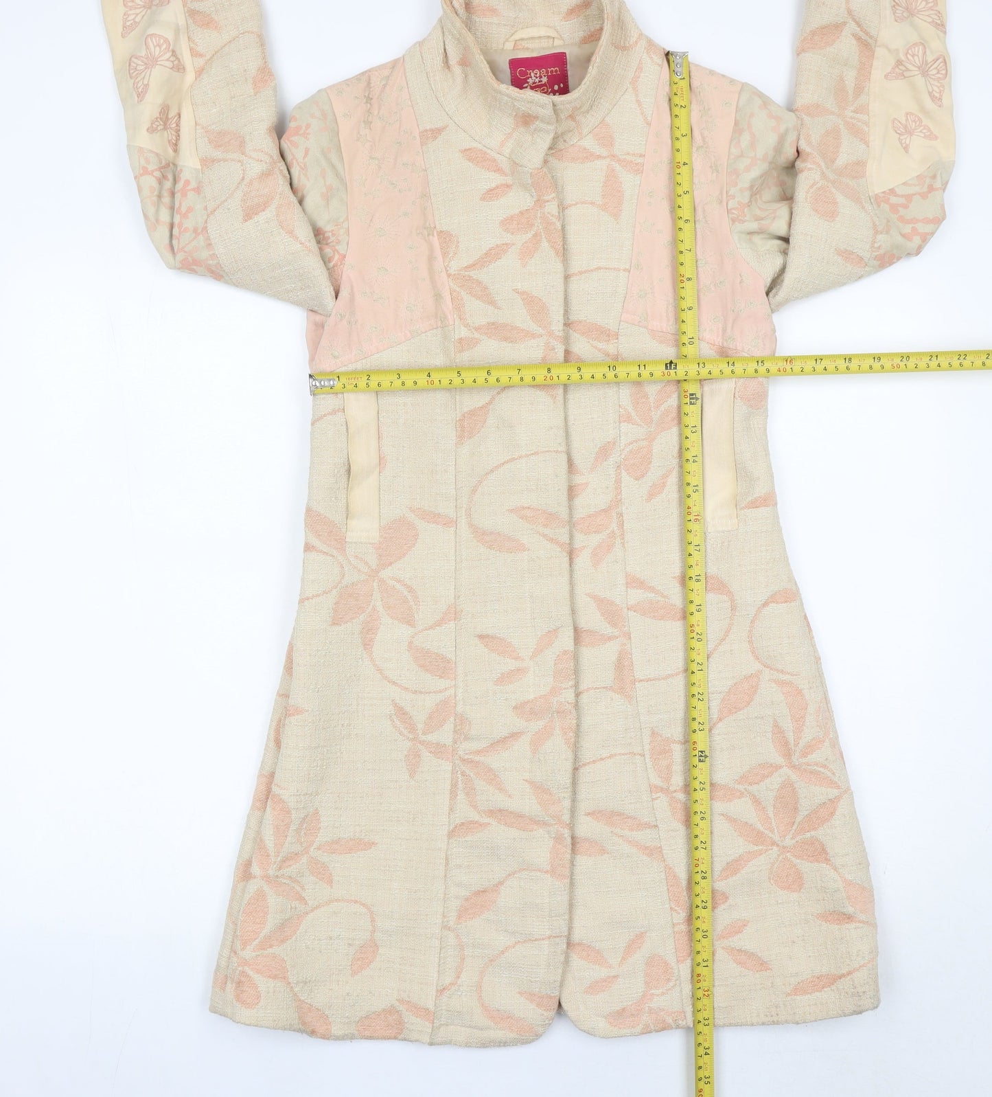 Cream Womens Beige Butterfly Floral Coat Size 6 Long Sleeve Overcoat
